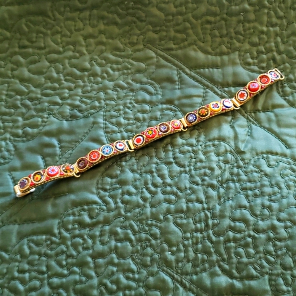 Vintage Italian Milefiori Micro Mosaic Bar Link Hinged Bracelet Goldtone